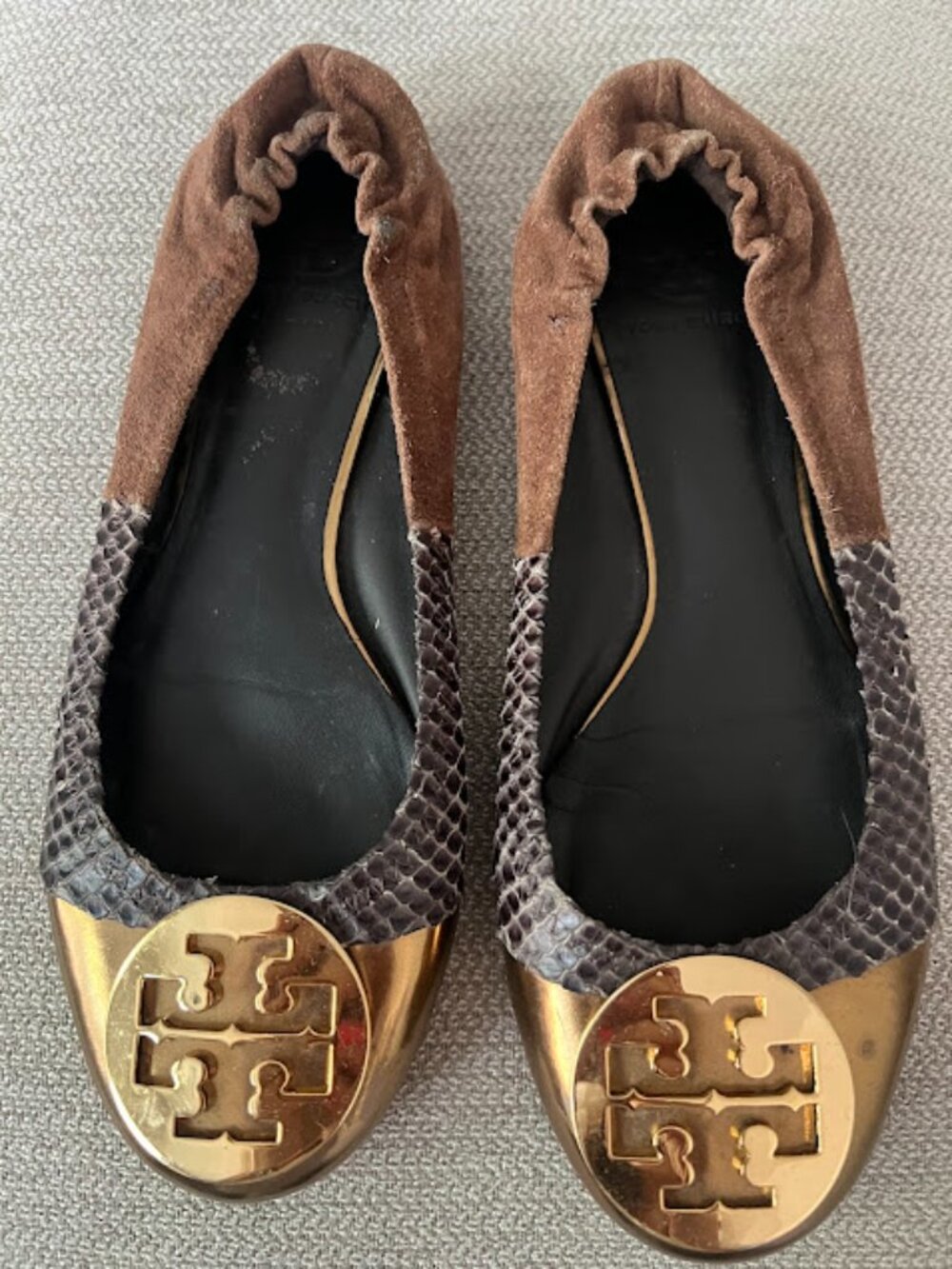 Tory Burch Brown Gold Reva Round Toe Slip On Ballet Flats Shoes Size 9M - Picture 4 of 15